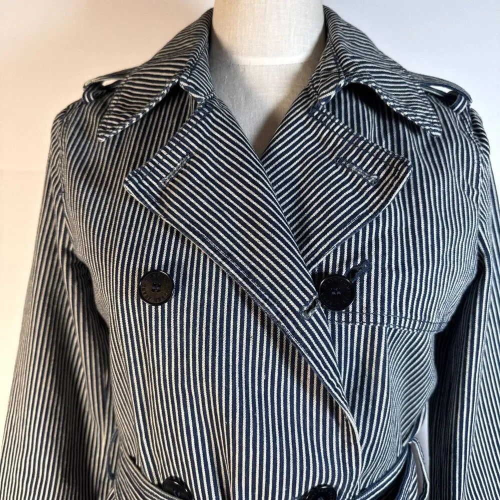 LAUREN Ralph Lauren blue striped denim double-breasted trench coat Small Spring